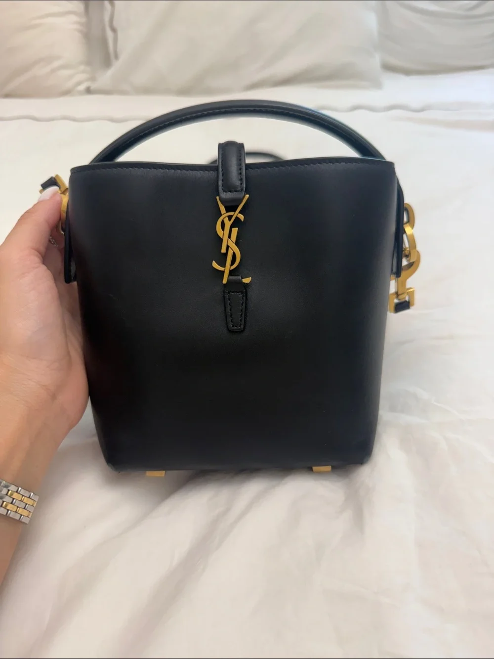 Saint Laurent le 37 Black Leather Mini Bucket Bag with Gold YSL Logo - Picture 1 of 6